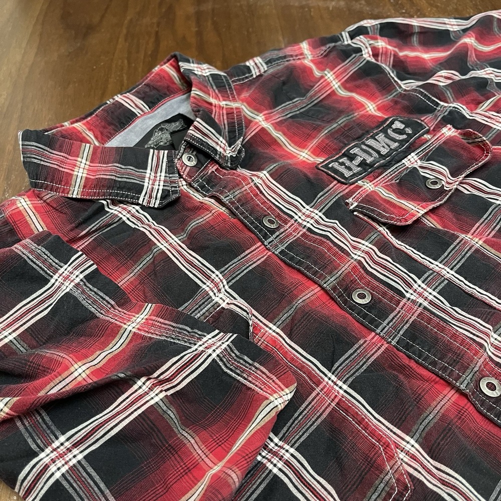 Harley Davidson Shirt Men 2XL Red Black Plaid Snap Button Up Racing Shop HDMC